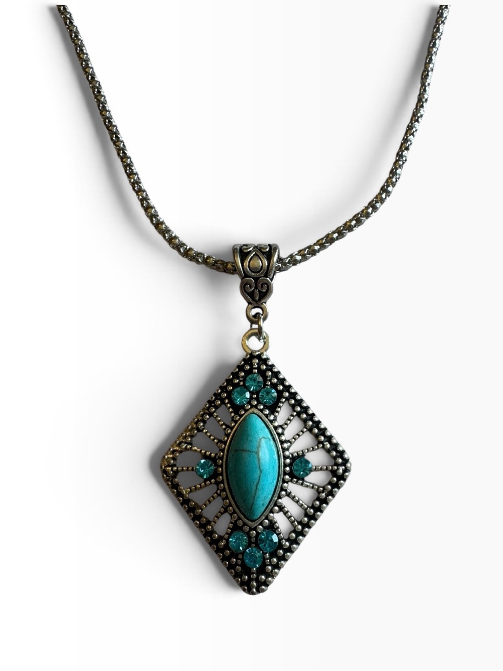 Turquoise Pendant Necklace - Silver Tone Women’s Jewelry - Picture 2 of 4